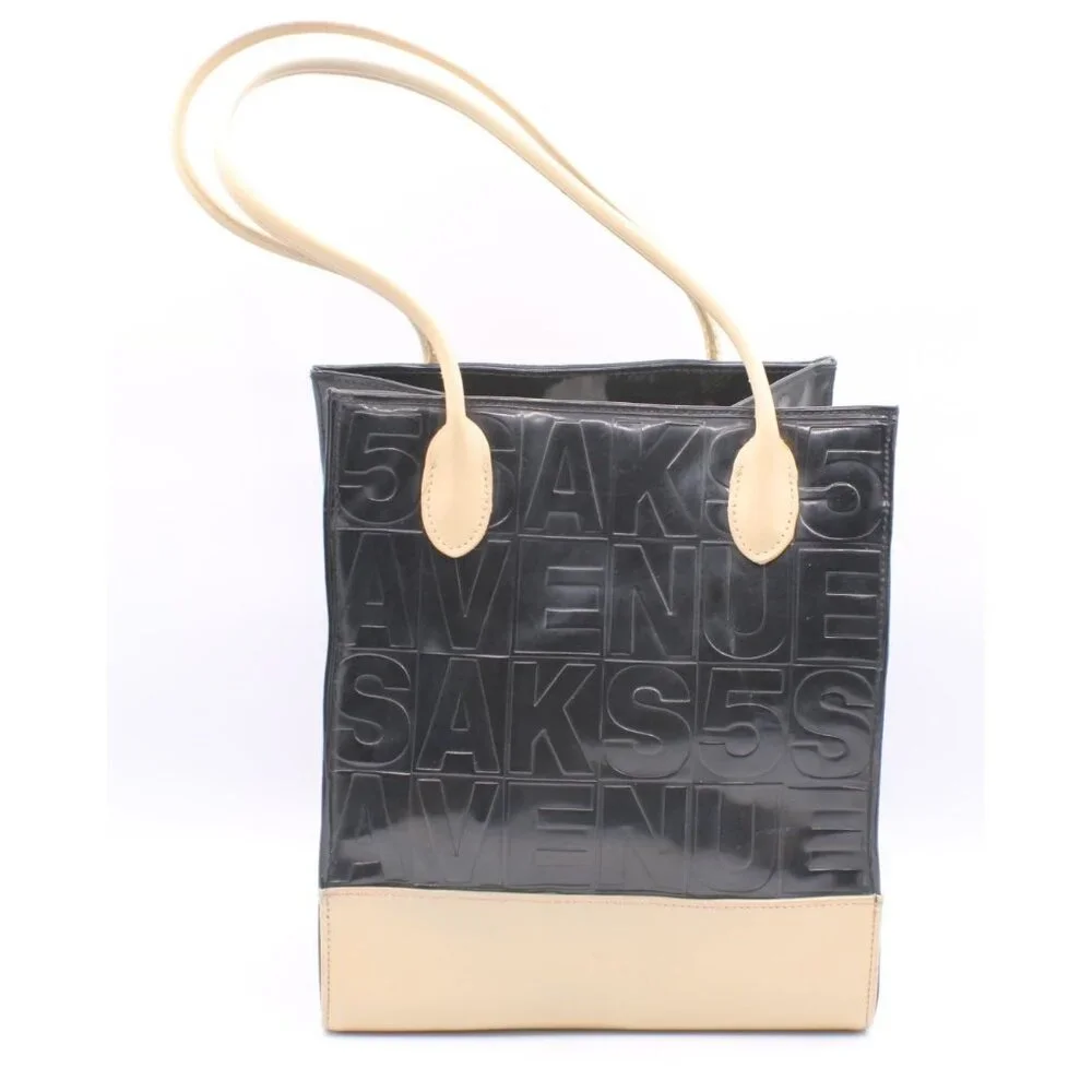 Saks Fifth Ave Black Tan Embossed Logo Reusable Tote Bag Laminated PP 10x9